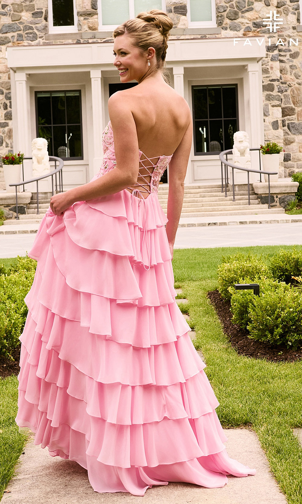 Faviana 11675 Light Pink full-length back view prom dress in chiffon with lace-up crisscross open back and tiered ruffle skirt, formal prom gown