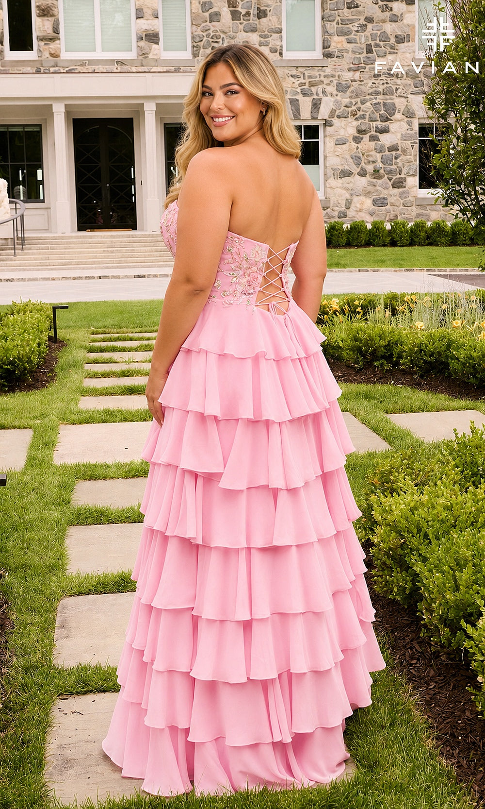 Faviana 11675E Light Pink back view prom dress in chiffon with fully open lace-up corset back and tiered ruffle a-line skirt, formal prom gown