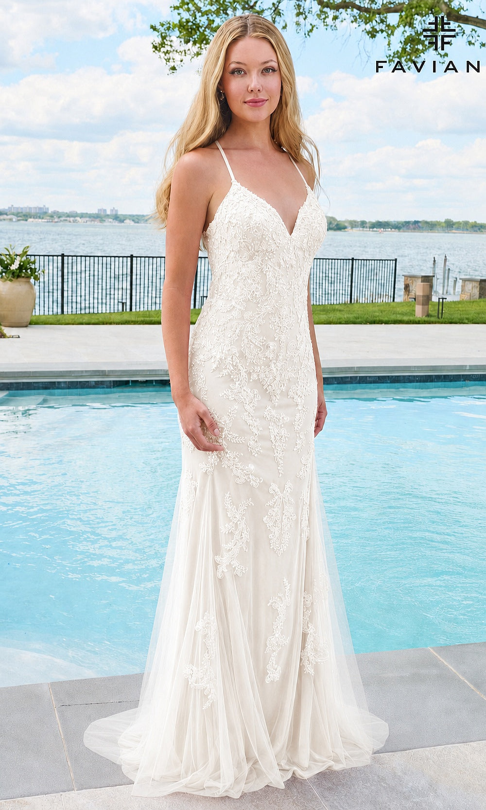 Faviana 11678 Ivory prom dress with beaded lace appliqués, fitted V-neck silhouette, flared tulle skirt, sweep train, front view, prom gown