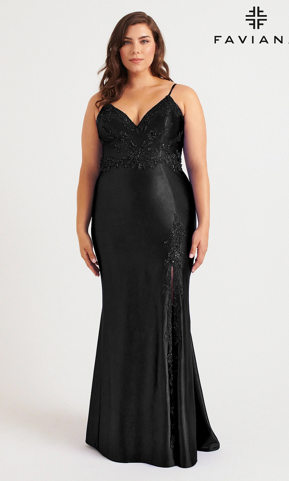 Faviana 9562 Black front view fitted v-neck beaded satin gown with high slit with crisscross back