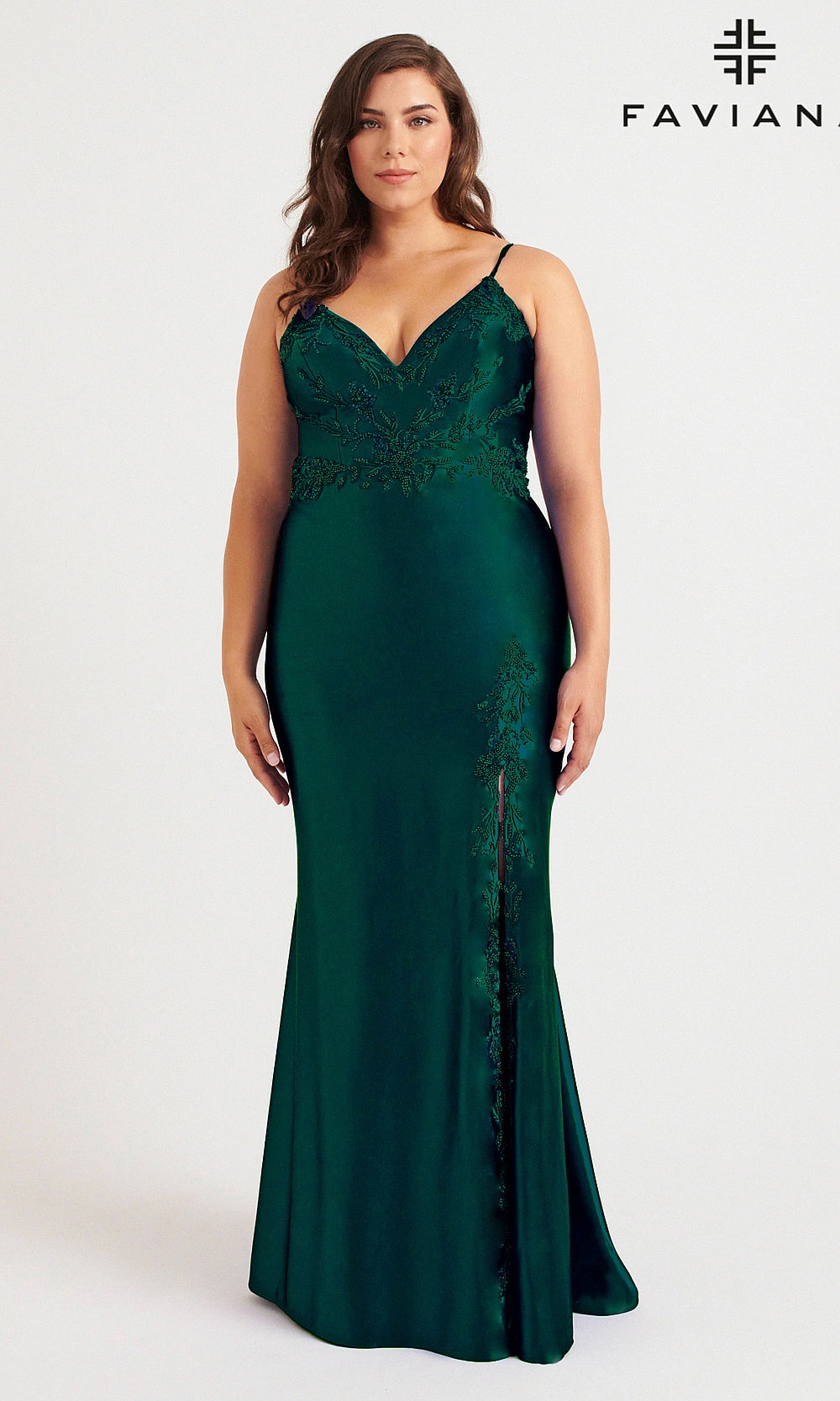 Faviana 9562 Dark Hunter Green front view fitted v-neck beaded satin gown with high slit with crisscross back