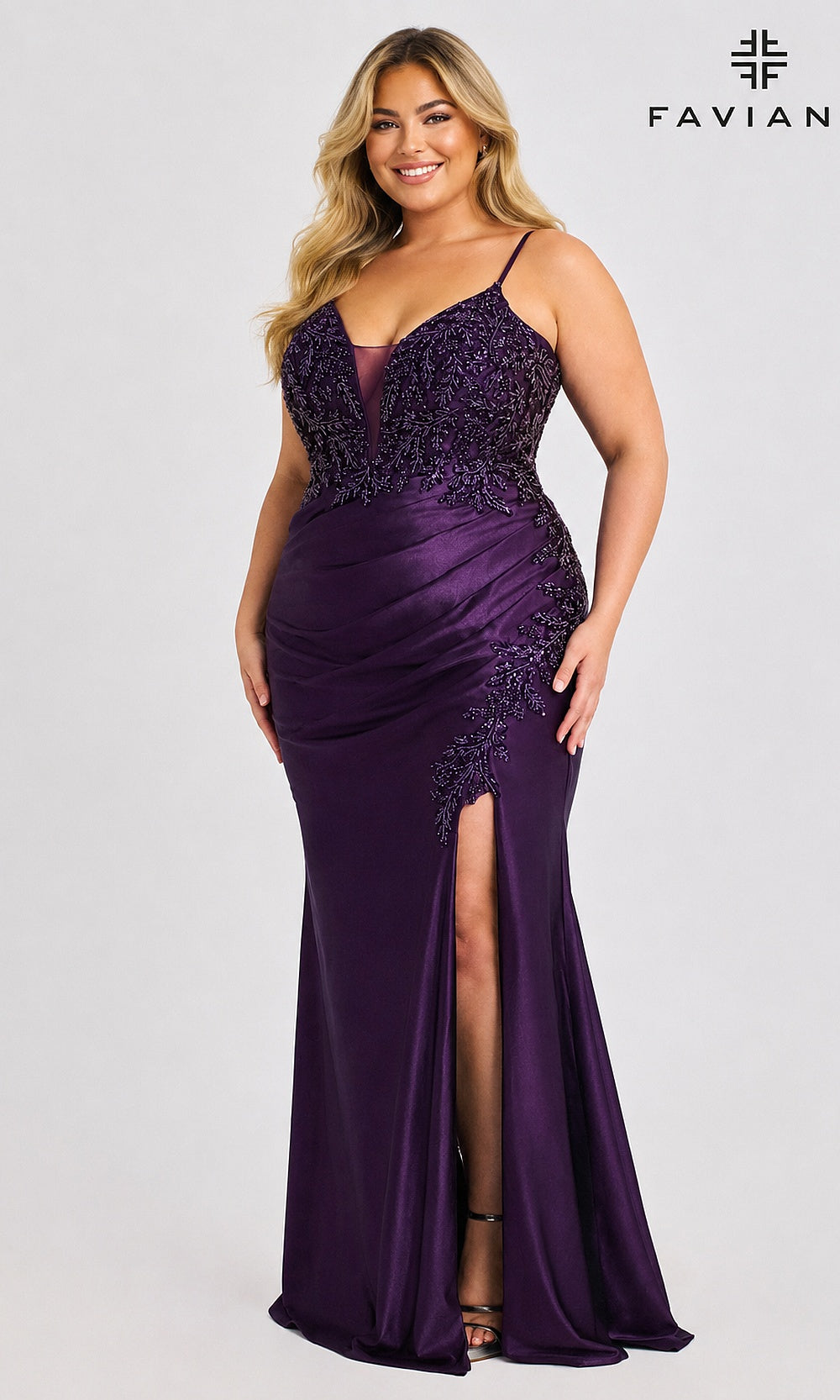 Faviana 9608 Amethyst Purple front view plus size fitted v-neck beaded gown with high slit with sweep train