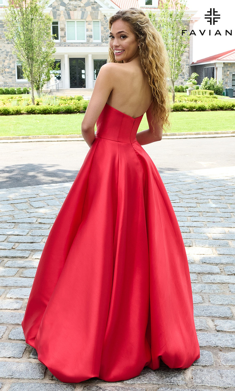 Faviana E11670 Red prom dress back view showing smooth covered back with zipper and full A-line satin skirt, evening gown