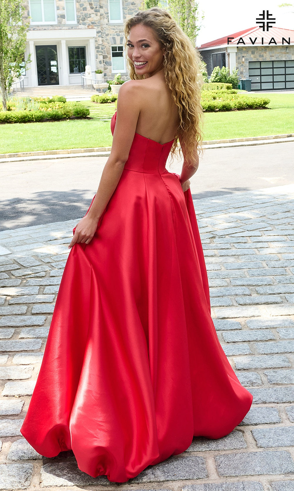 Faviana E11670 Red prom dress back full-length view of strapless satin ballgown with sweeping A-line skirt, quinceañera gown styled for prom
