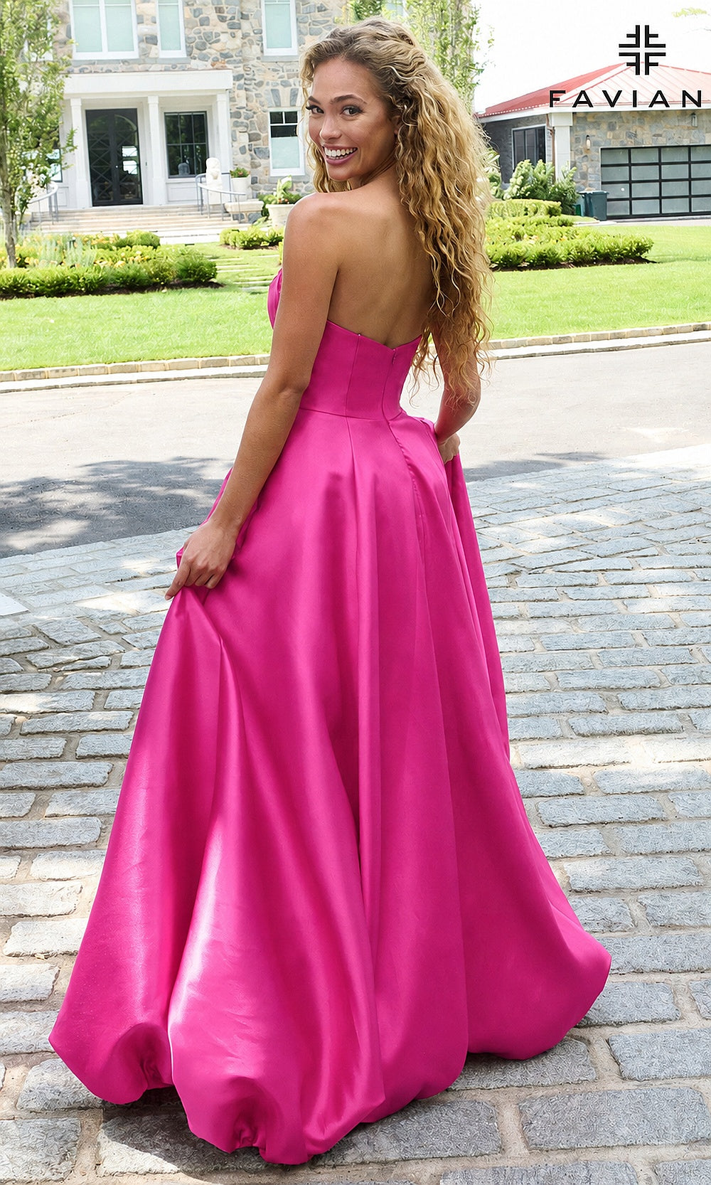 Faviana E11670 Wild Berry prom dress back view, deep berry pink satin ballgown with smooth covered back and full skirt, formal prom gown