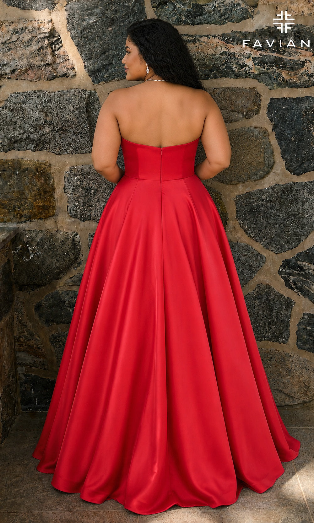 Faviana E11670E Red strapless prom ballgown in stretch satin with fully covered high back and zipper closure, a-line silhouette, back view, sweet 16 ball gown