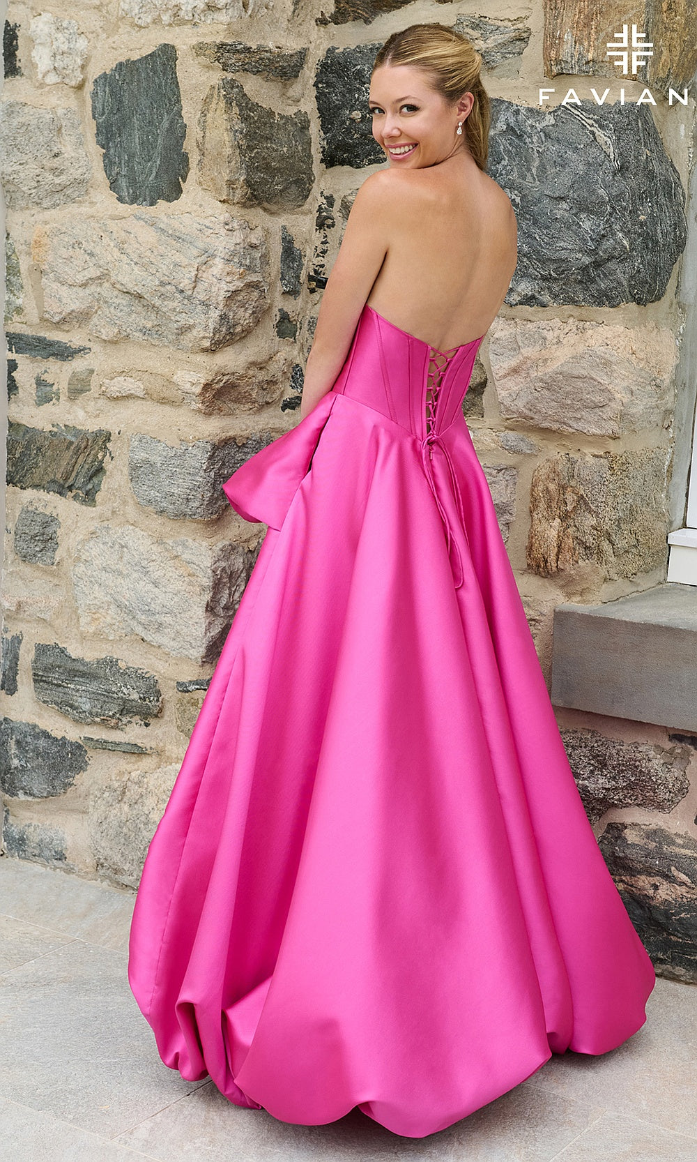 Faviana E11671 Wild Berry prom dress back view with crisscross lace-up corset back over covered panel and full ballgown skirt, evening gown