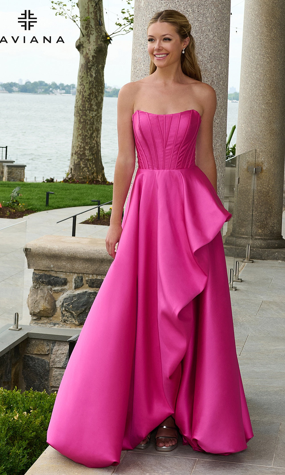 Faviana E11671 Wild Berry prom dress full-length front view showing sculptural draped panel and hidden pockets on satin ballgown, formal prom gown