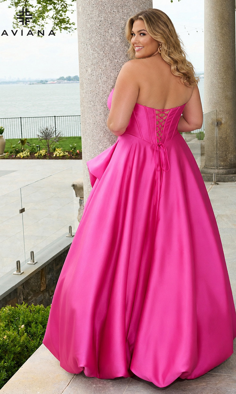 Faviana E11671E Wild Berry lace-up corset back ballgown rear view in stretch satin, plus size prom gown with adjustable corset closure and full skirt
