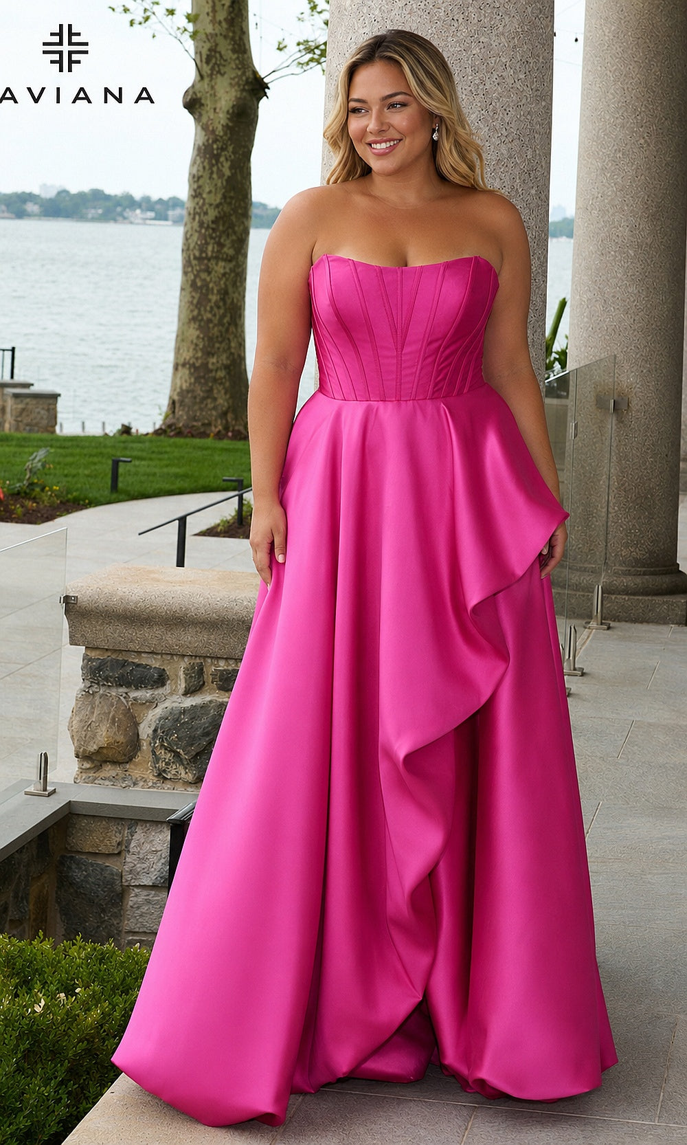 Faviana E11671E Wild Berry strapless corset ballgown front view in stretch satin with boning, hip drape, and pocket, plus size prom gown