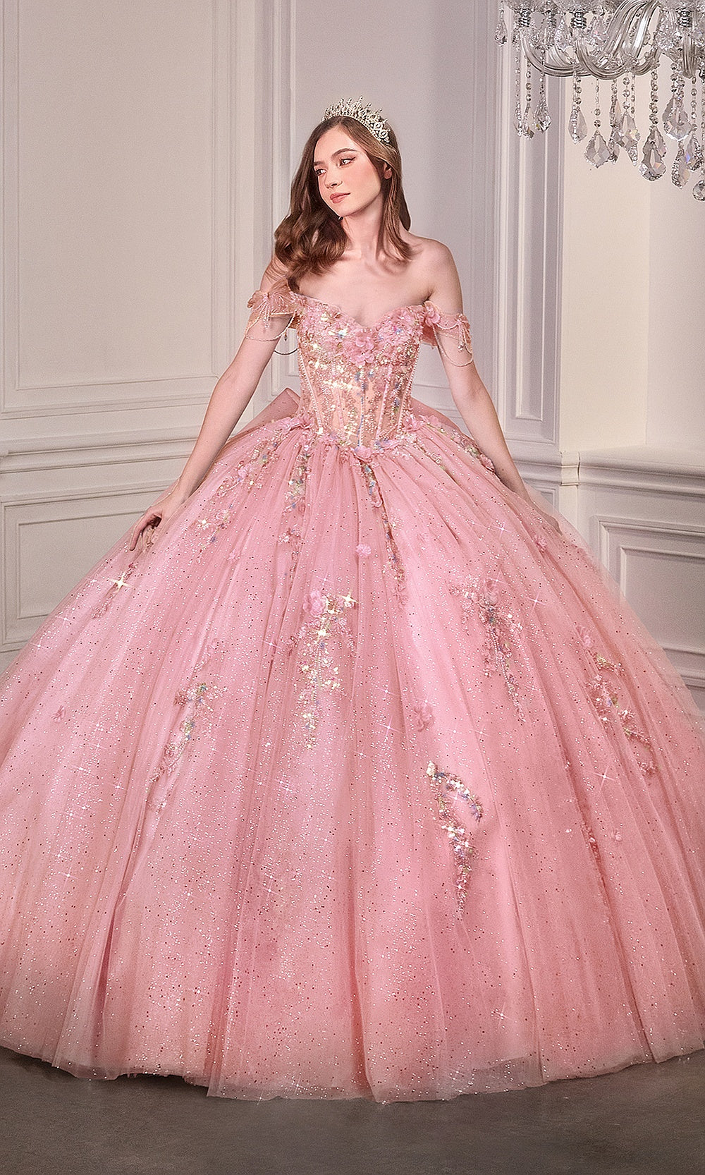 LaDivine 15728 Off-Shoulder Floral Appliqué Corset Tulle Ball Gown – Crisscross-Back Quinceañera Sweet 16 Dress