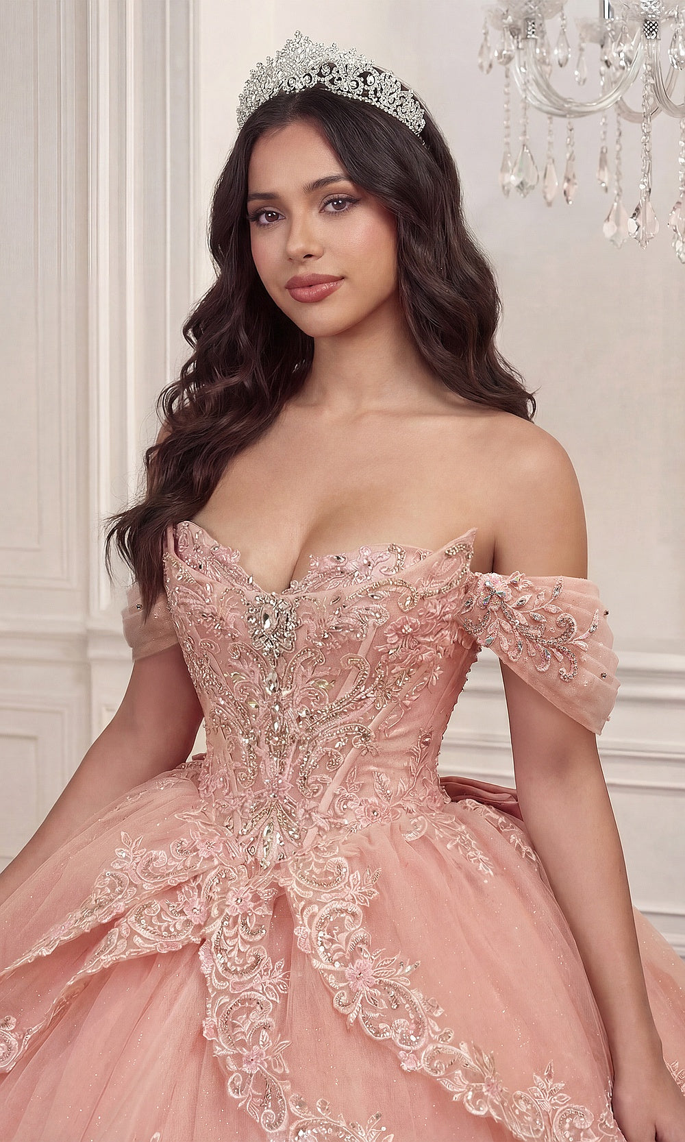 Ladivine 15729 Blush Pink detail view, crystal beading and embroidered lace appliqués on corset bodice, quinceañera gown close-up