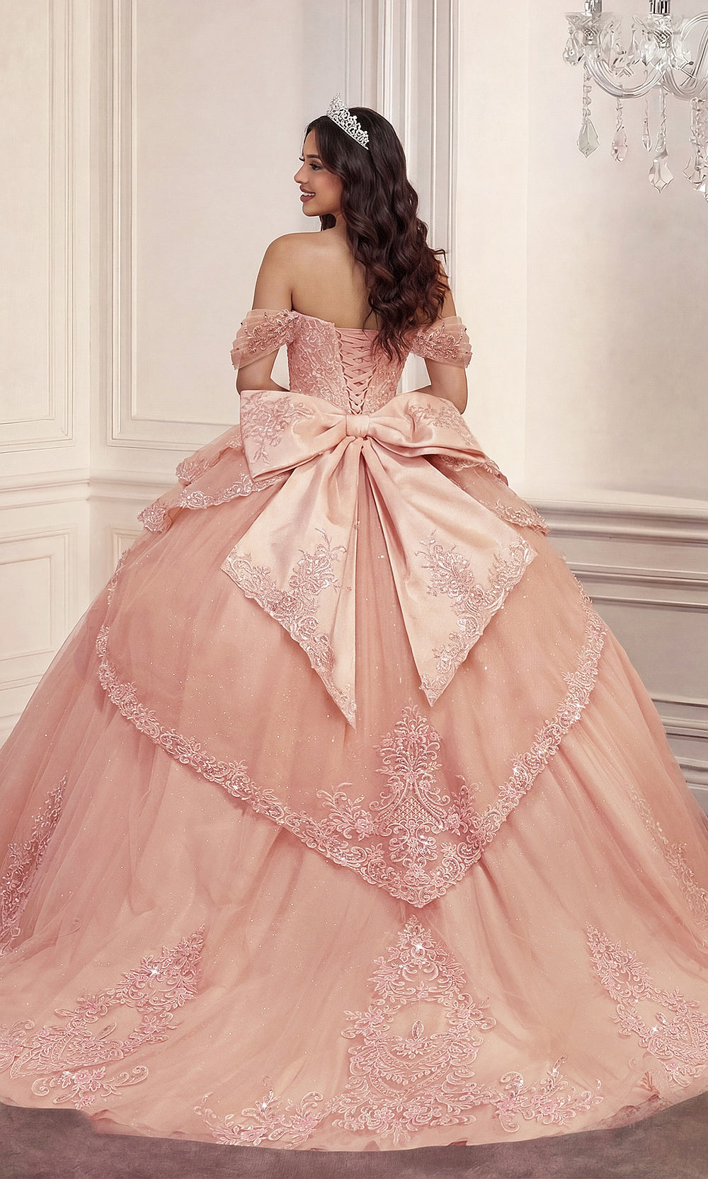 Ladivine 15729 Blush Pink quinceañera ballgown back view, lace-up corset closure, statement bow, cathedral train, debut ball gown