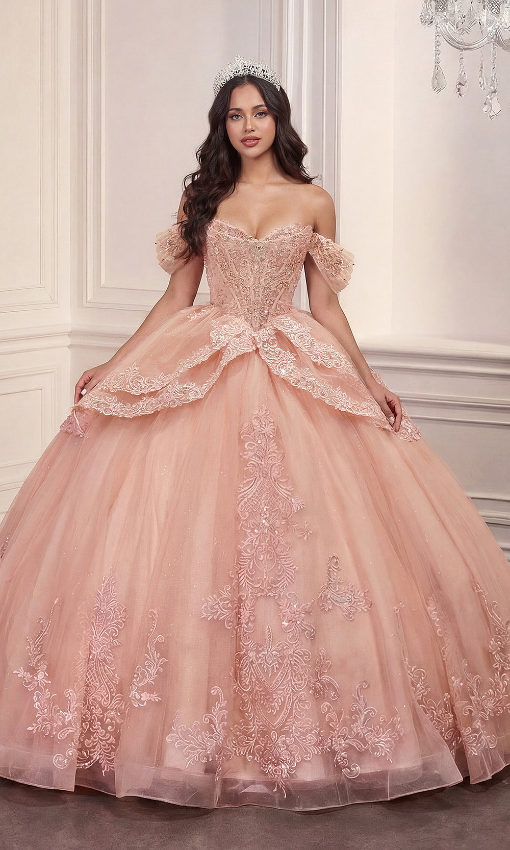 Ladivine 15729 Blush Pink quinceañera ballgown front view, glitter tulle skirt, off-shoulder sweetheart neckline, beaded corset bodice, sweet 16 ball gown