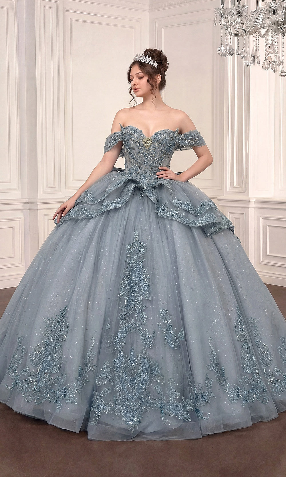 Ladivine 15729 Dusty Blue quinceañera ballgown front view, glitter tulle ball skirt, off-shoulder sweetheart neckline, boned corset bodice, debut ball gown