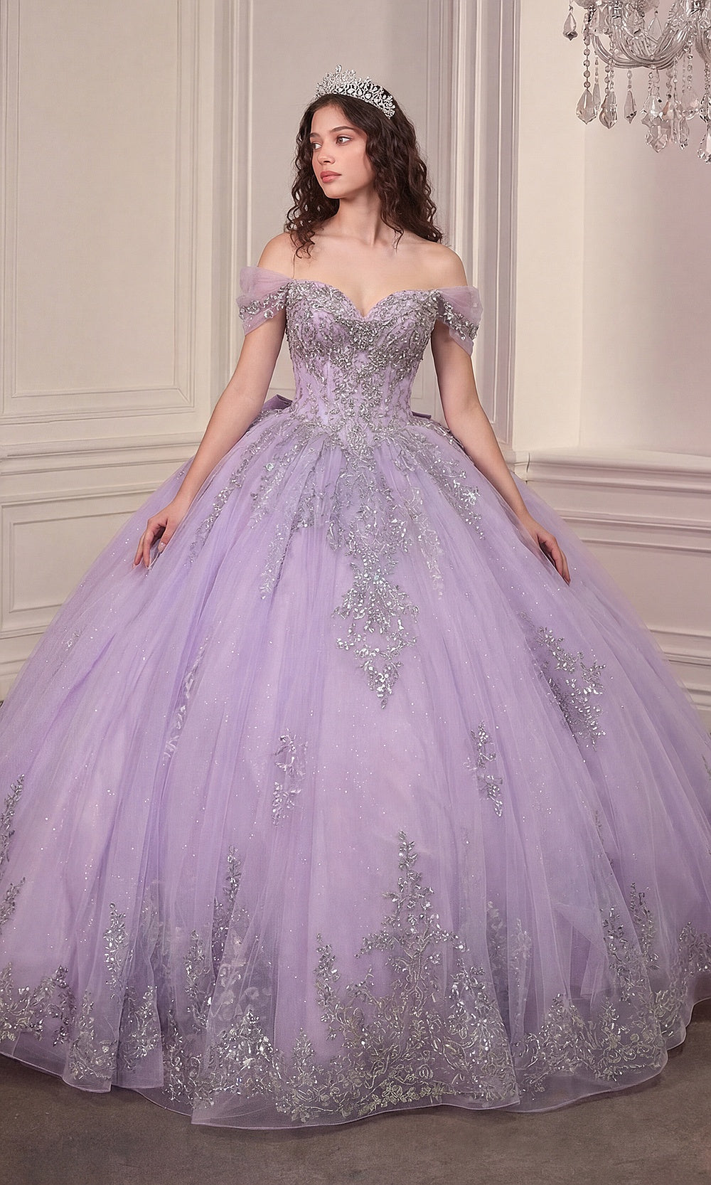 Ladivine 15730 Lavender front view off-shoulder sweetheart ballgown with glitter tulle, beaded embroidery bodice, full skirt, quinceañera gown sweet 16 ball gown