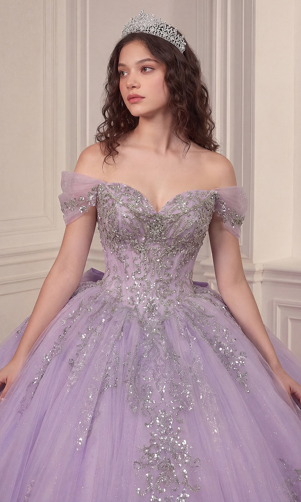 Ladivine 15730 Lavender detail view off-shoulder sweetheart neckline with beaded embroidery scrollwork, glitter tulle, corset bodice, quinceañera gown sweet 16 ball gown
