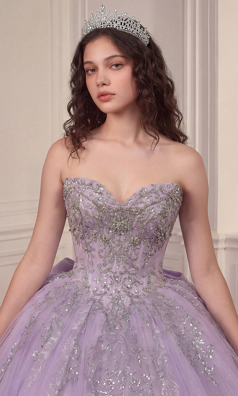 Ladivine 15730 Lavender detail view sweetheart corset bodice with vertical boning channels, beaded embroidery, glitter tulle skirt, quinceañera gown debut ball gown