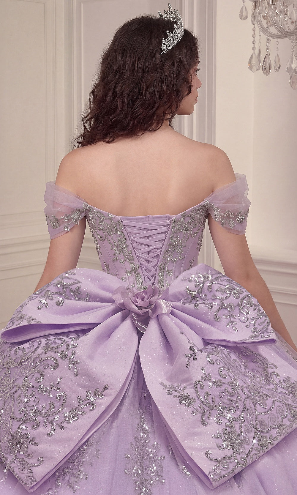 Ladivine 15730 Lavender back view lace-up corset closure with large satin bow, tulle ballgown train, quinceañera gown sweet 16 ball gown