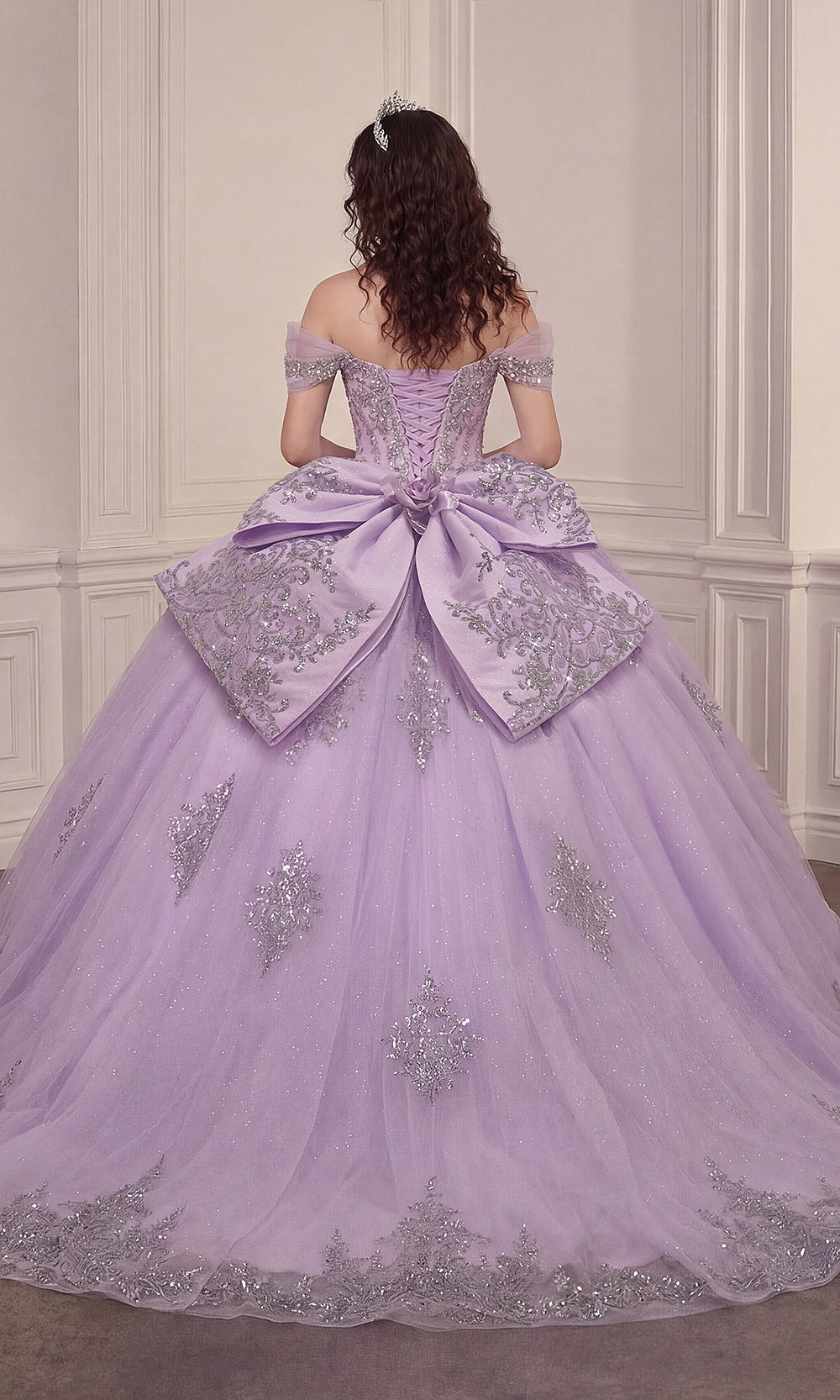 Ladivine 15730 Lavender back view corset lace-up ballgown with satin bow, boning, tulle skirt, quinceañera gown debut ball gown