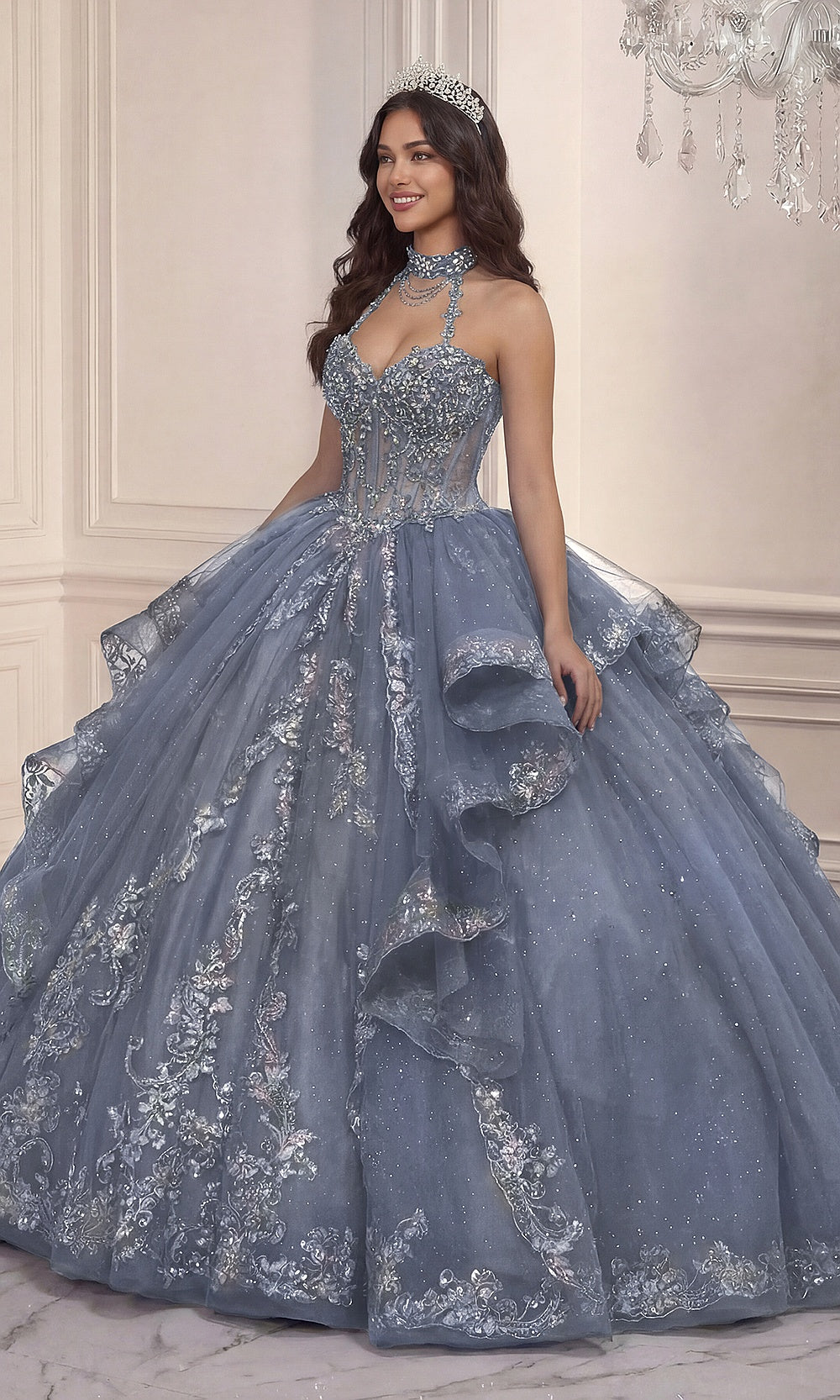 Ladivine 15741 Dusty Blue front view quinceañera ballgown with glitter tulle, beaded floral corset bodice, sweetheart halter neckline, cathedral train, sweet 16 ball gown