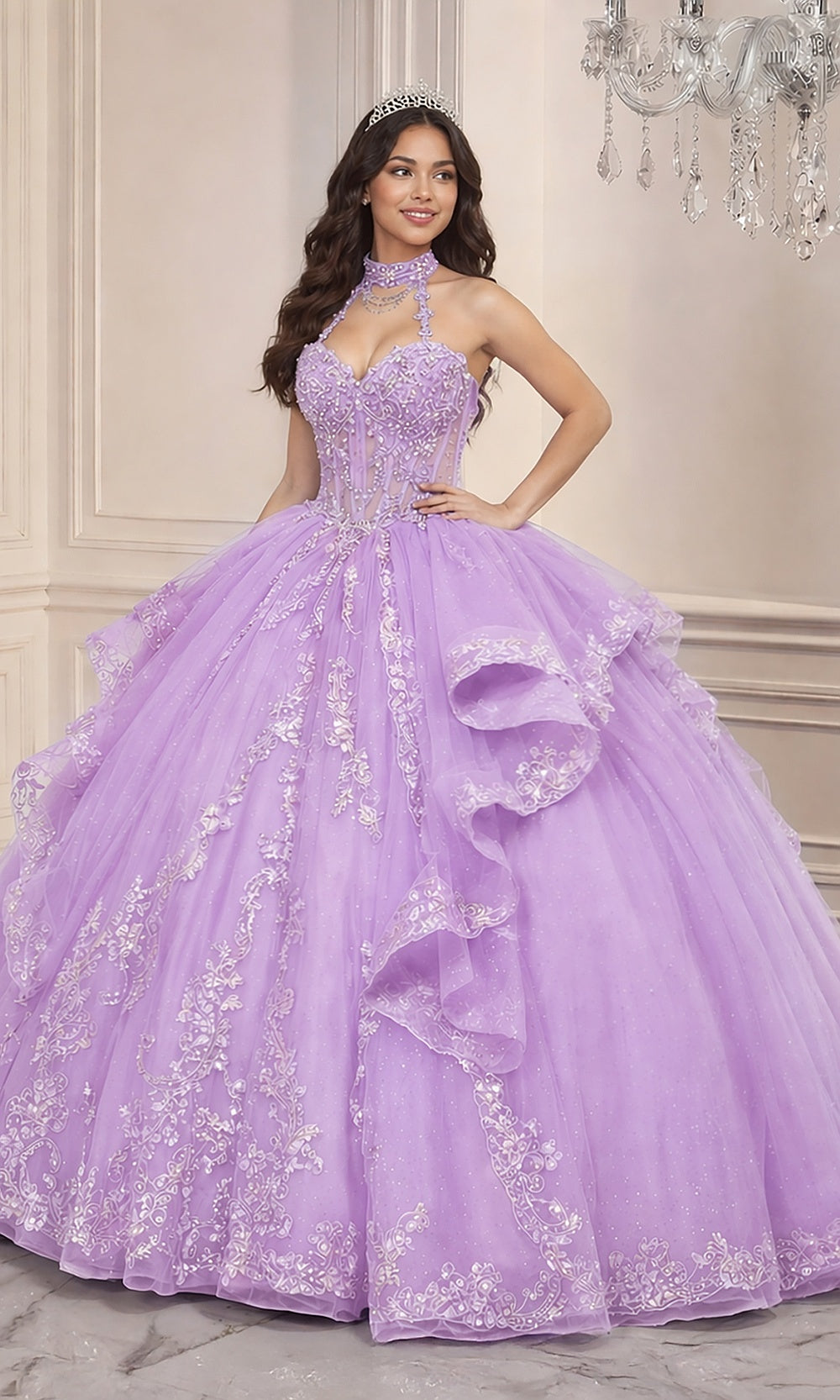 Ladivine 15741 Lilac front view quinceañera ballgown with glitter tulle, beaded corset bodice, sweetheart halter neckline, floral appliqués, debut ball gown