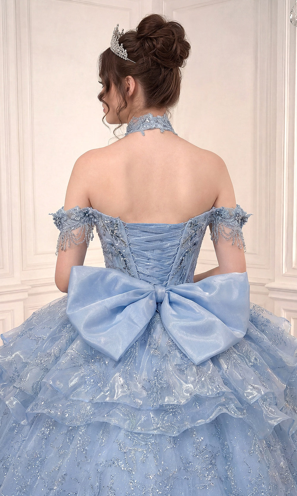 Ladivine 15742 light-blue quinceanera ballgown full back view showing corset lace-up, glitter tulle tiered skirt, and cathedral train, sweet 16 ball gown