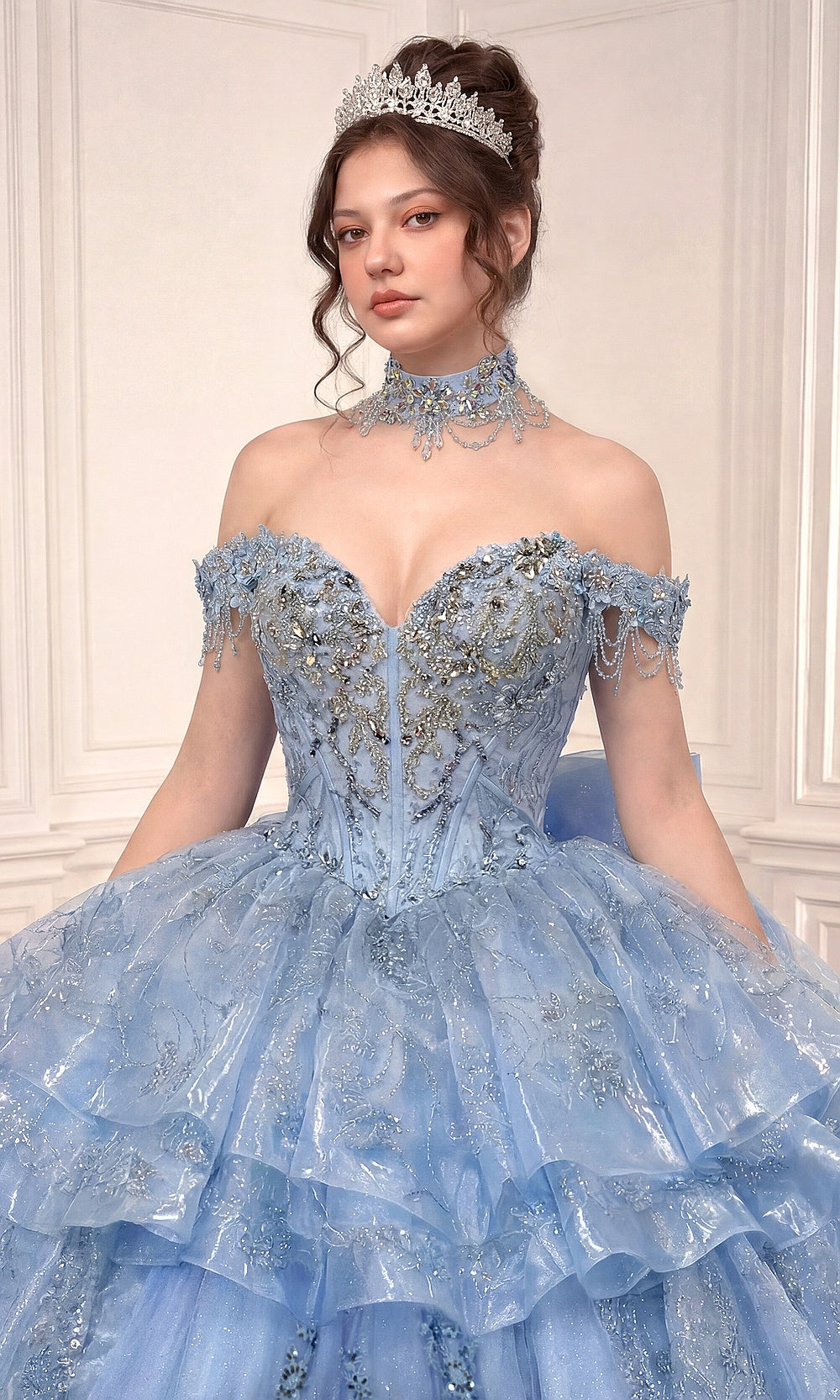 Ladivine 15742 light-blue quinceanera ballgown detail of beaded embroidered floral-appliqué off-shoulder bodice with visible boning, detail view, debut ball gown