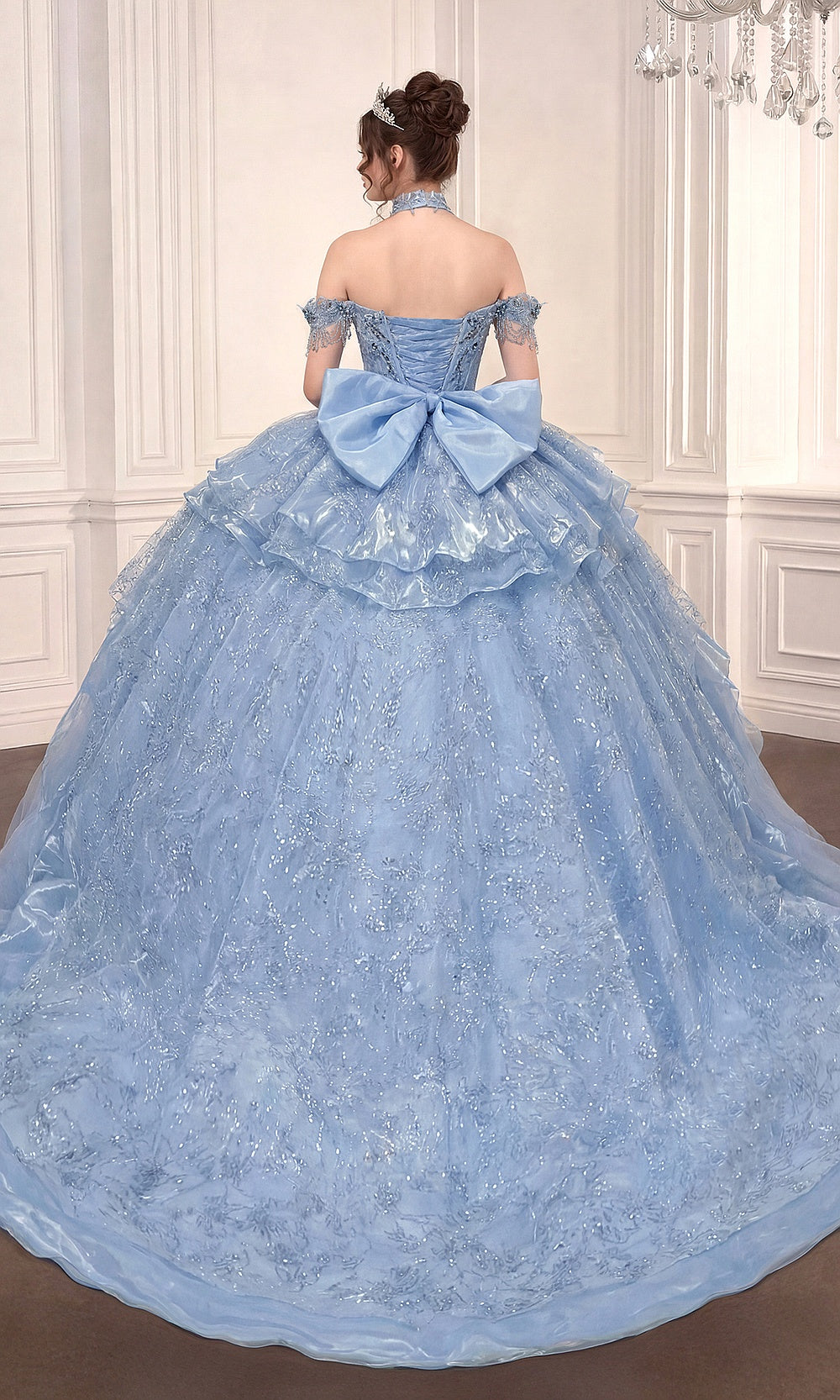 Ladivine 15742 light-blue quinceanera ballgown lace-up corset back with cathedral train and bow waist detail, back view, quinceañera gown