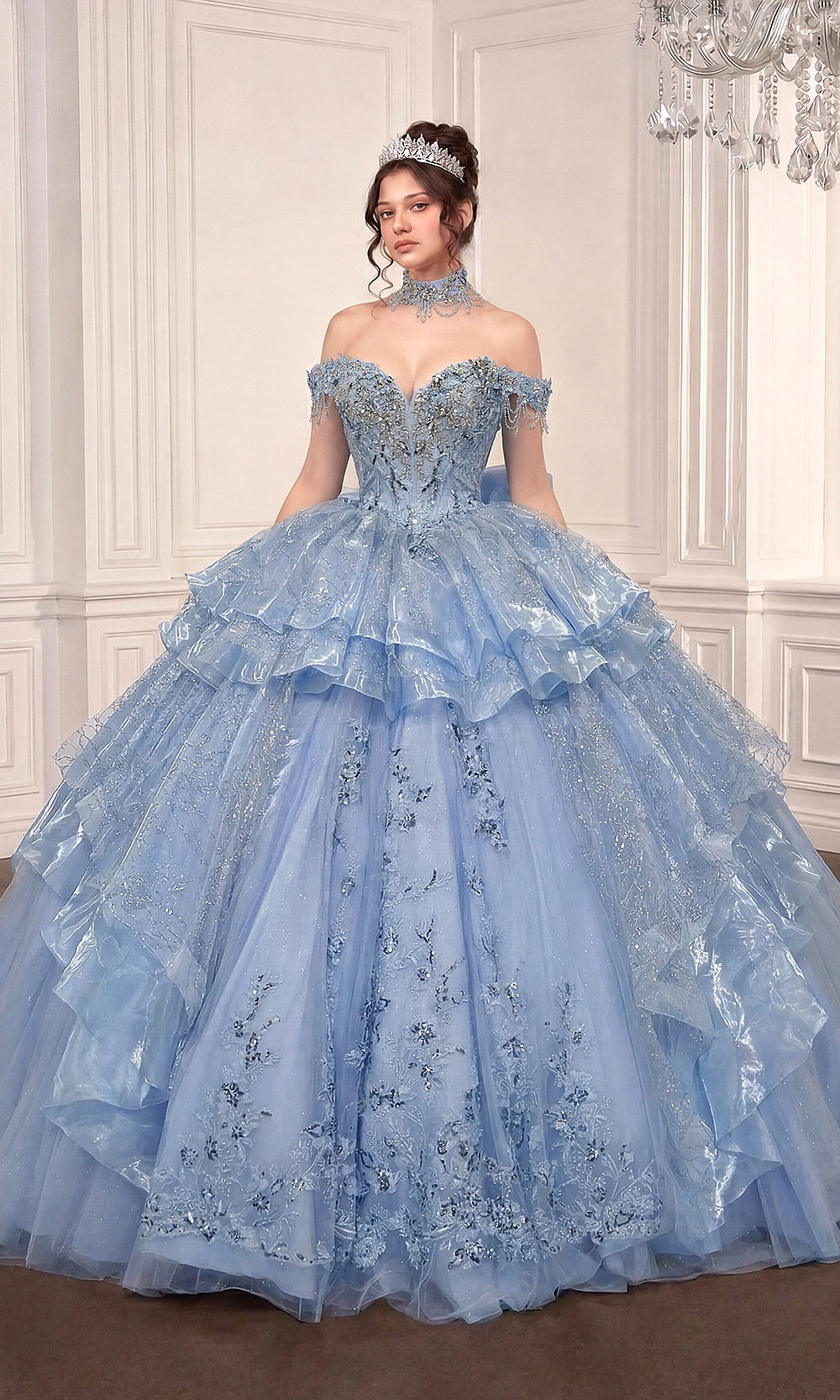 Ladivine 15742 light-blue quinceanera ballgown with glitter tulle tiered ruffle skirt, beaded off-shoulder corset bodice, cathedral train, front view, sweet 16 ball gown