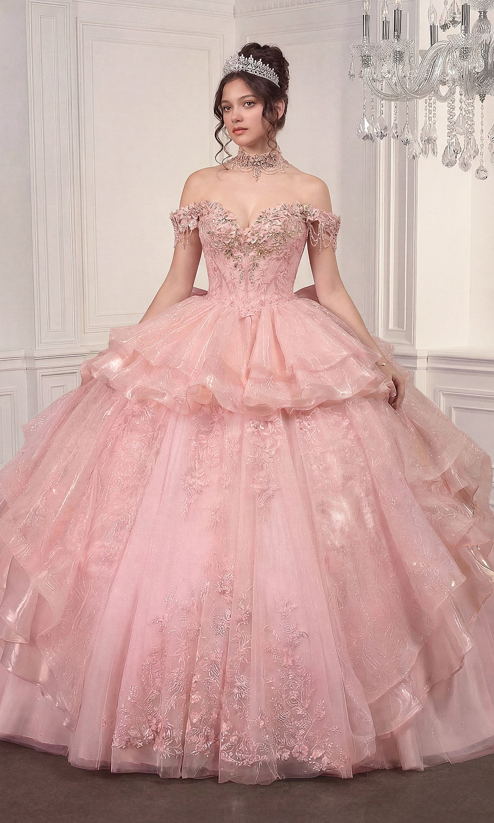 Ladivine 15742 pink quinceanera ballgown with glitter tulle tiered ruffle skirt, beaded off-shoulder corset bodice, cathedral train, front view, quinceañera gown