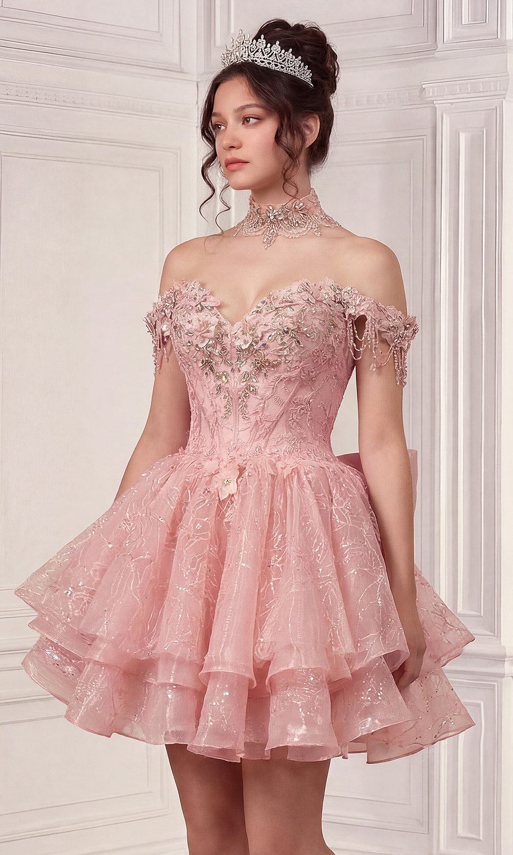 Ladivine 15742 pink quinceanera ballgown off-shoulder sweetheart neckline, glitter tulle tiered skirt with floral appliqués, front view, debut ball gown