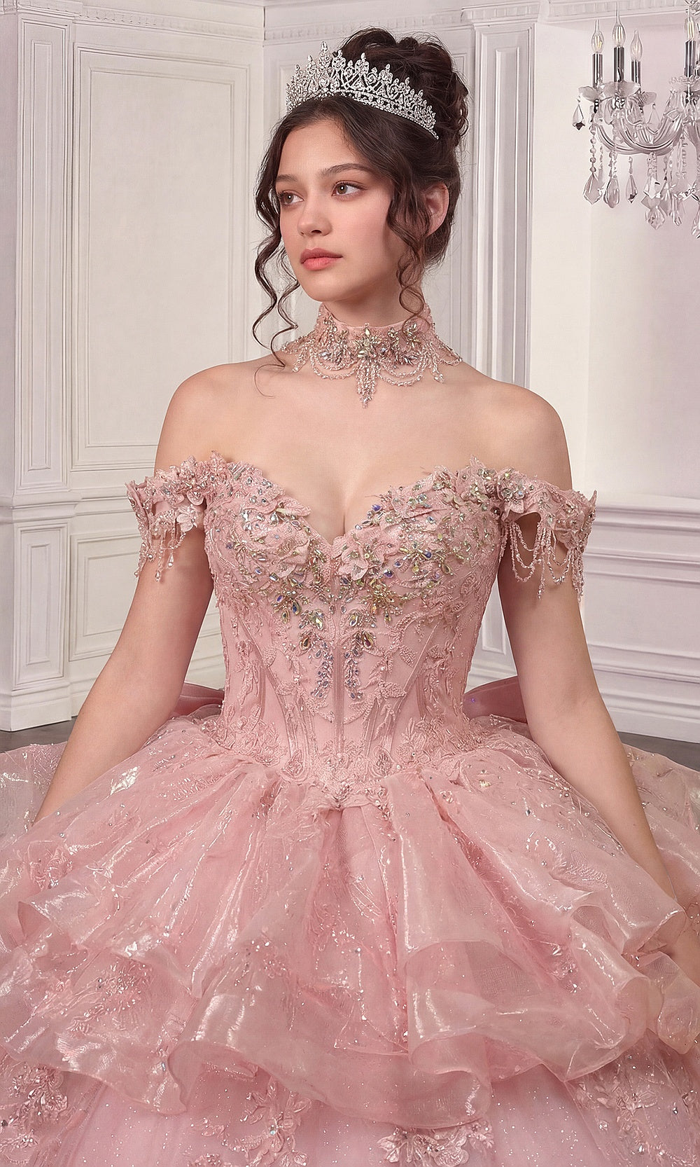 Ladivine 15742 pink quinceanera ballgown detail of beaded floral-appliqué embroidered off-shoulder corset bodice with boning channels, detail view, quinceañera gown