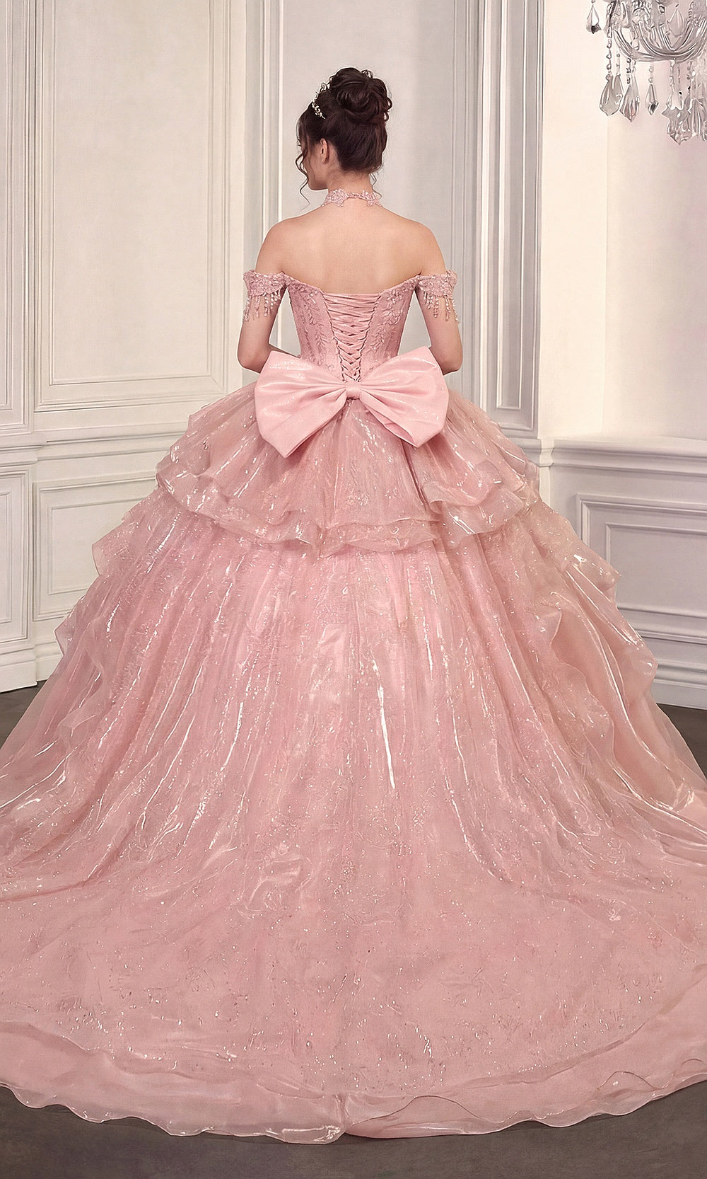 Ladivine 15742 pink quinceanera ballgown lace-up corset back with cathedral train and large bow, back view, sweet 16 ball gown