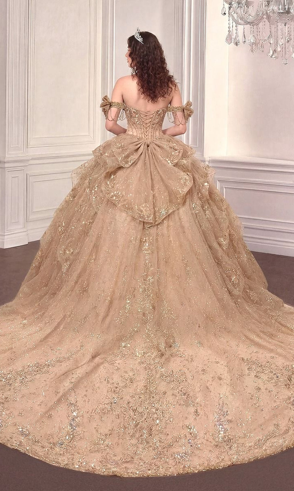 Ladivine 15743 Mocha Gold back view quinceañera ballgown with lace-up corset closure, large bow accent, cathedral train, debut ball gown
