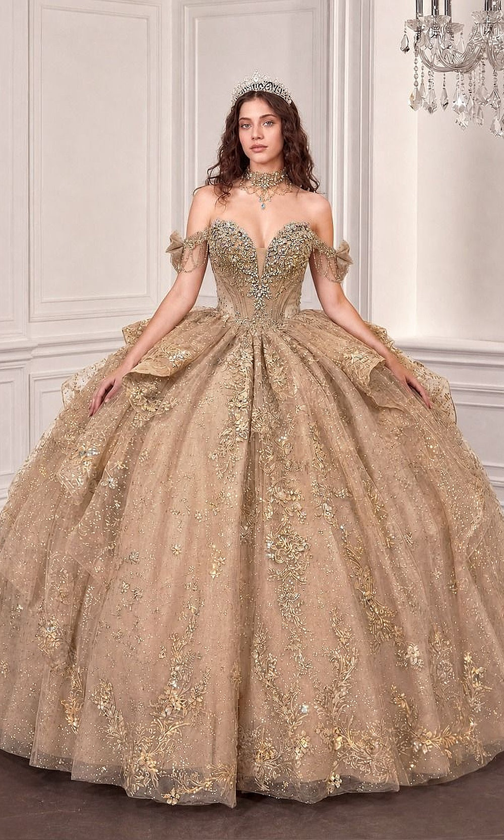 Ladivine 15743 Mocha Gold front view quinceañera ballgown with glitter tulle, heavy crystal bodice beading, off-shoulder cuffs, sweetheart neckline, sweet 16 ball gown