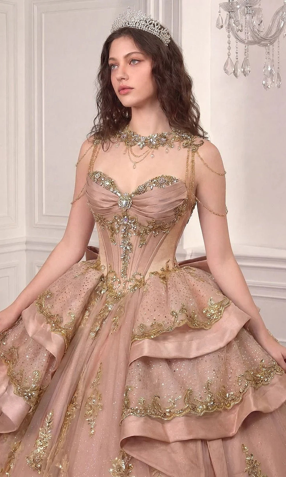 Ladivine 15744 Rose Gold bodice detail showing crystal gold beading on illusion neckline panel and visible boning channels in corset, quinceañera gown