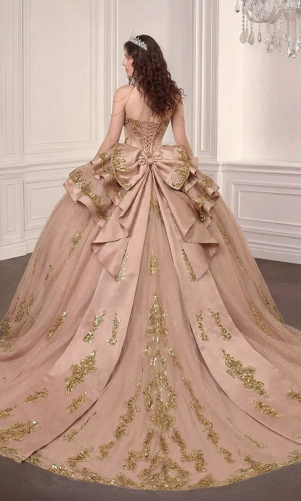 Ladivine 15744 Rose Gold ballgown lace-up corset-back full back view with sculpted tiered overskirt bow and train, sweet 16 ball gown styled for quinceanera