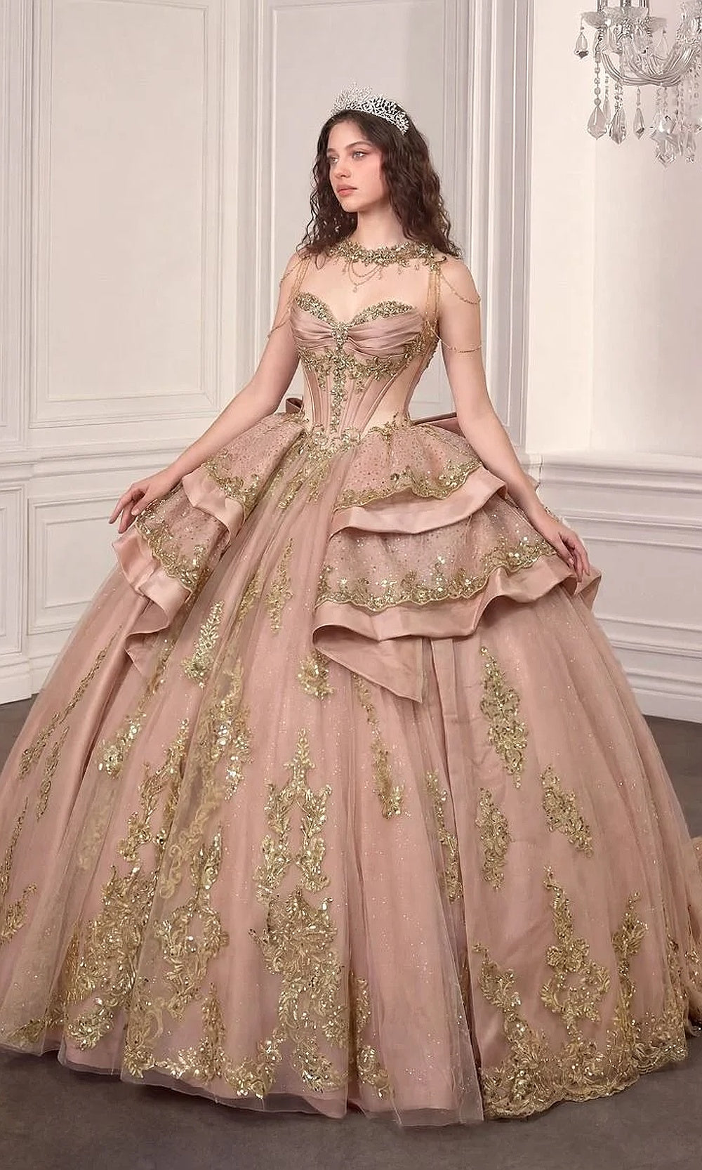 Ladivine 15744 Rose Gold glitter tulle quinceañera ballgown with boned illusion high-neck corset bodice, jeweled straps, tiered overskirt front view, quinceañera gown
