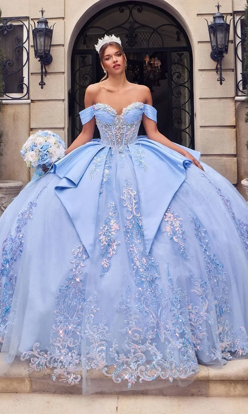 Ladivine 15745 Light Blue front view quinceañera ballgown with beaded floral corset bodice, glitter tulle skirt, off-shoulder sweetheart neckline, sweet 16 ball gown