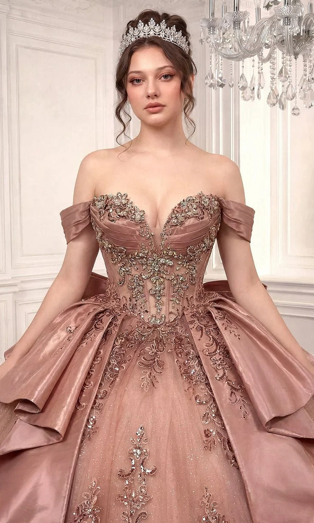Ladivine 15745 Rose detail view quinceañera ballgown showing beading, floral appliqués, scrolling embroidery, and boning on illusion corset bodice, debut ball gown