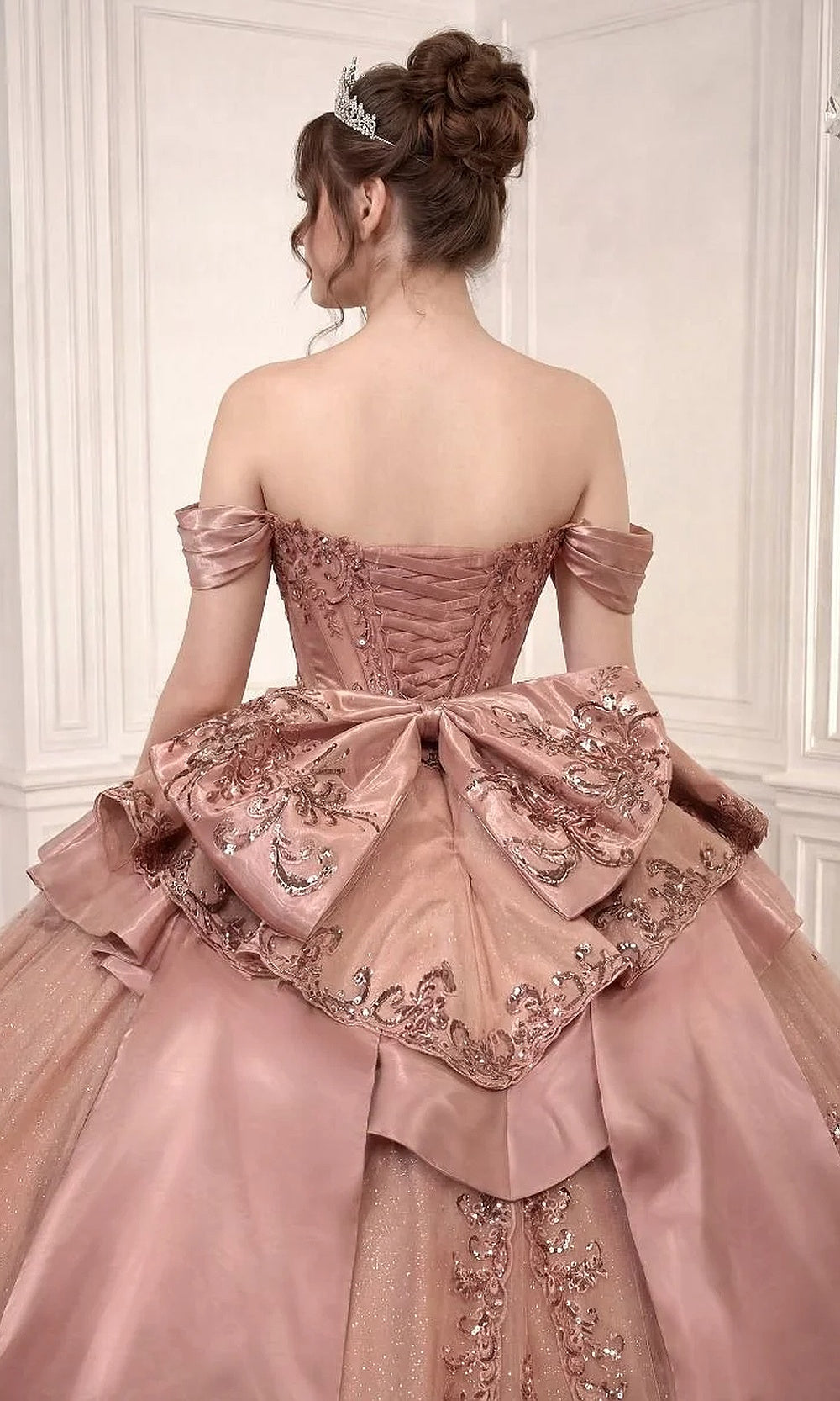 Ladivine 15745 Rose back view quinceañera ballgown full-length with corset-back lace-up closure, glitter tulle skirt, cathedral train, sweet 16 ball gown