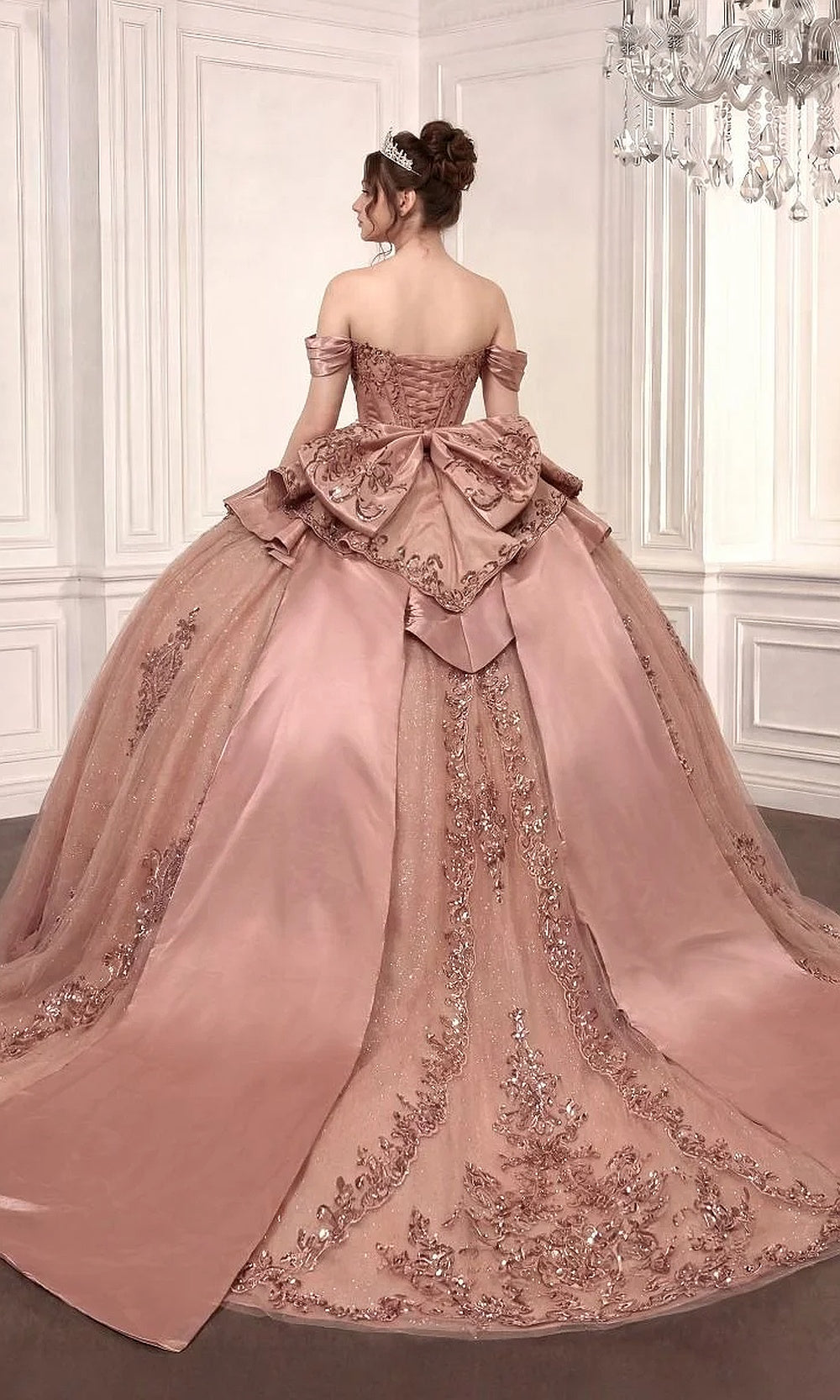 Ladivine 15745 Rose back view quinceañera ballgown showing lace-up corset back, tiered satin bow, cathedral train, sweet 16 ball gown