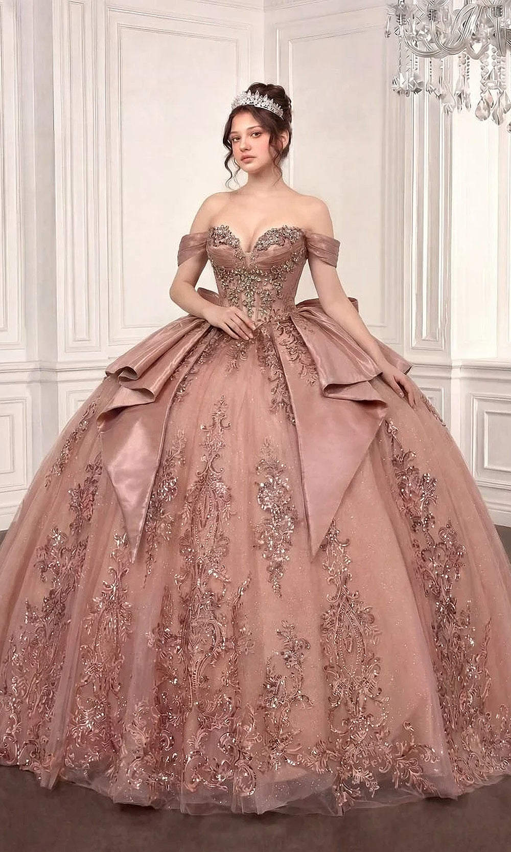 Ladivine 15745 Rose front view quinceañera ballgown with beaded floral corset bodice, glitter tulle skirt, off-shoulder sweetheart neckline, debut ball gown
