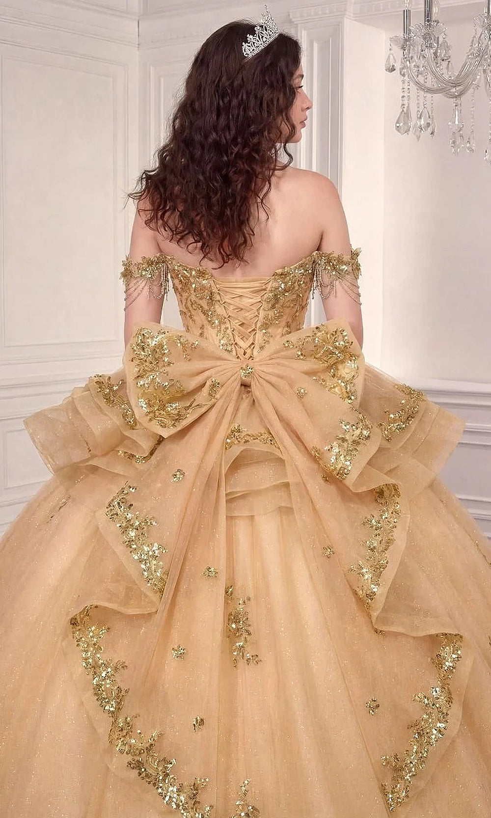 Ladivine 15746 Champagne Gold back view quinceanera ballgown with cathedral-length train, corset lace-up closure, glitter tulle tiers, quinceañera gown