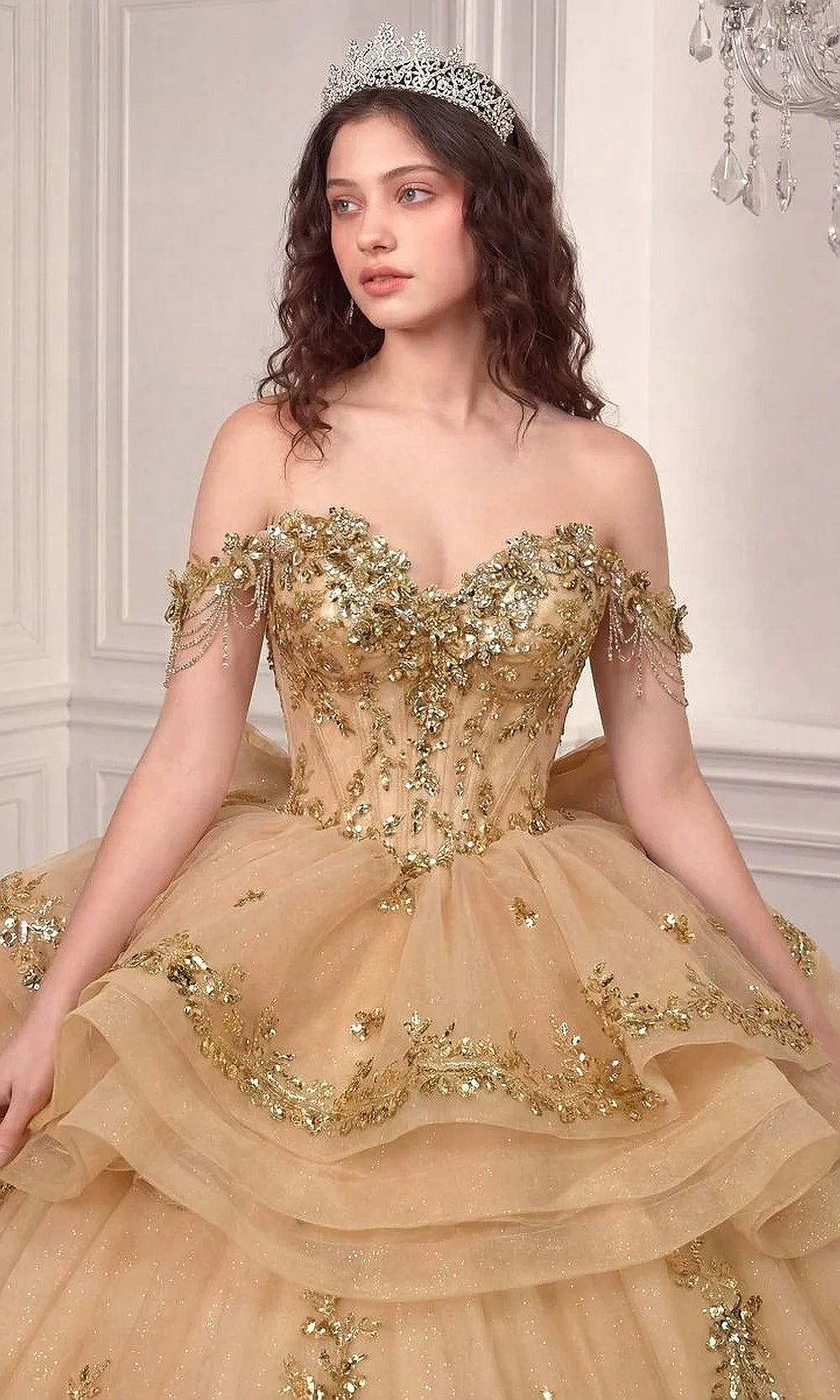Ladivine 15746 Champagne Gold detail view quinceanera ballgown with sequin floral appliqués, beaded chain fringe sleeves, boning channels, debut ball gown