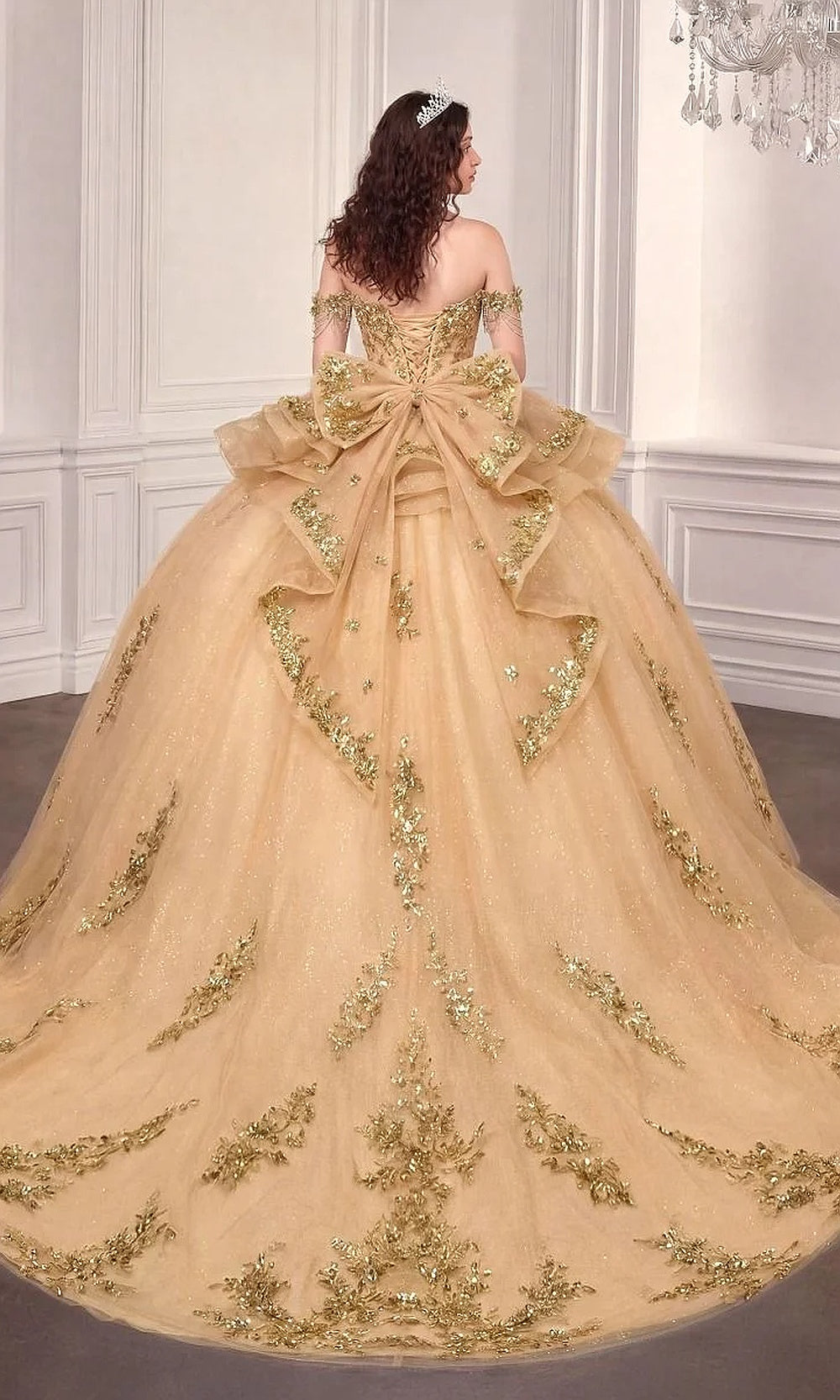 Ladivine 15746 Champagne Gold back view quinceanera ballgown with lace-up corset back, oversized bow, cathedral train, sweet 16 ball gown