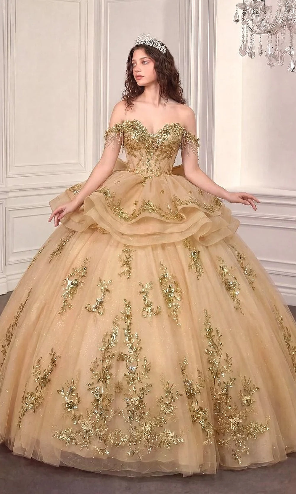 Ladivine 15746 Champagne Gold front view quinceanera ballgown with glitter tulle, boned illusion corset, sweetheart neckline, off-shoulder drape sleeves, quinceañera gown