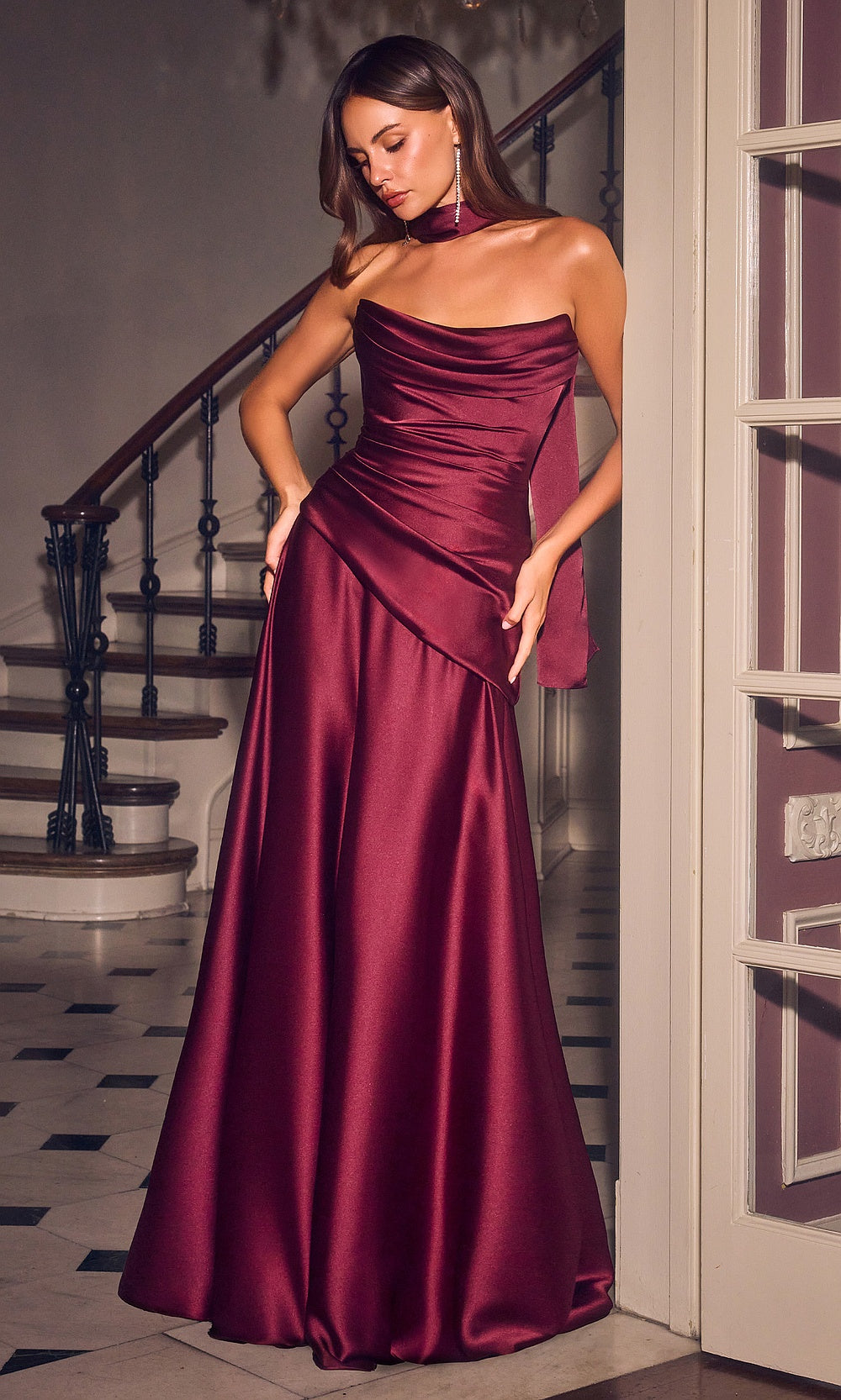 Ladivine 7432 burgundy front view strapless satin a-line prom gown with horizontal ruching across the bodice and swept floor-length silhouette, red carpet styling