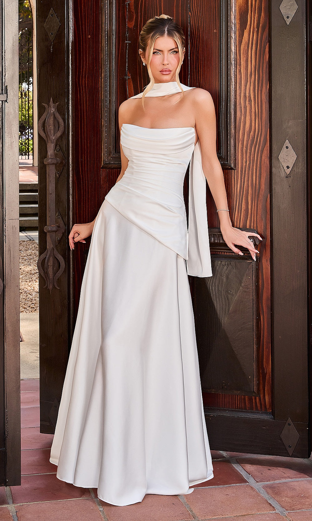 Ladivine 7432W off white front view bridal gown with satin fabric, strapless boned corset bodice, ruched waist, a-line silhouette, engagement party dress